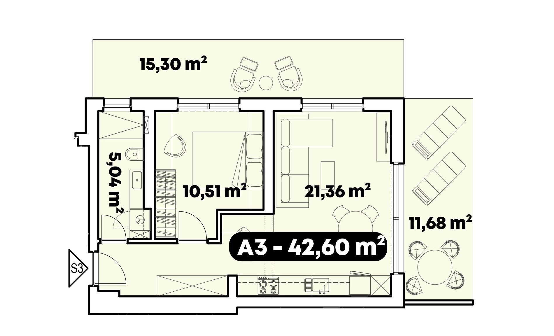 1 hálószobás lakás alaprajza (A3, 42,60 m²)