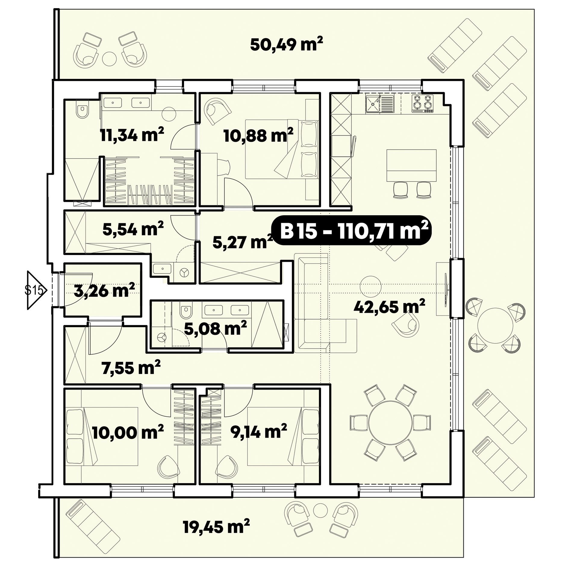 3 hálószobás penthouse alaprajza (B15, 110,71 m²)